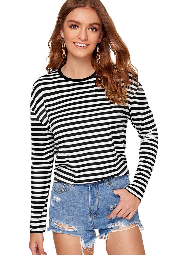 SweatyRocks Women's Casual Striped Tee Shirt Long Sleeve Round Neck Top Black S - Image 1